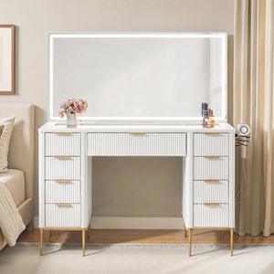 48" Modern Makeup Vanity Desk With Mirror And Lights, Makeup Vanity With 9 Drawers With Power Outlet,adjustable Lighting Dressing Table For Bedroom  Wooden Bazar