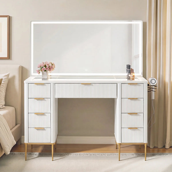 48" Modern Makeup Vanity Desk With Mirror And Lights, Makeup Vanity With 9 Drawers With Power Outlet,adjustable Lighting Dressing Table For Bedroom  Wooden Bazar
