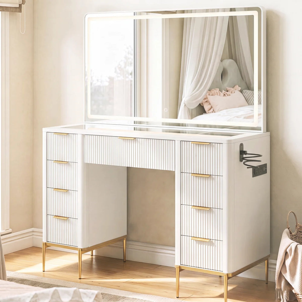 48" Modern Makeup Vanity Desk With Mirror And Lights, Makeup Vanity With 9 Drawers With Power Outlet,adjustable Lighting Dressing Table For Bedroom  Wooden Bazar