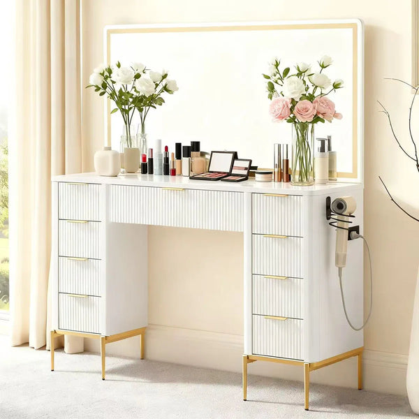 48" Modern Makeup Vanity Desk With Mirror And Lights, Makeup Vanity With 9 Drawers With Power Outlet,adjustable Lighting Dressing Table For Bedroom  Wooden Bazar