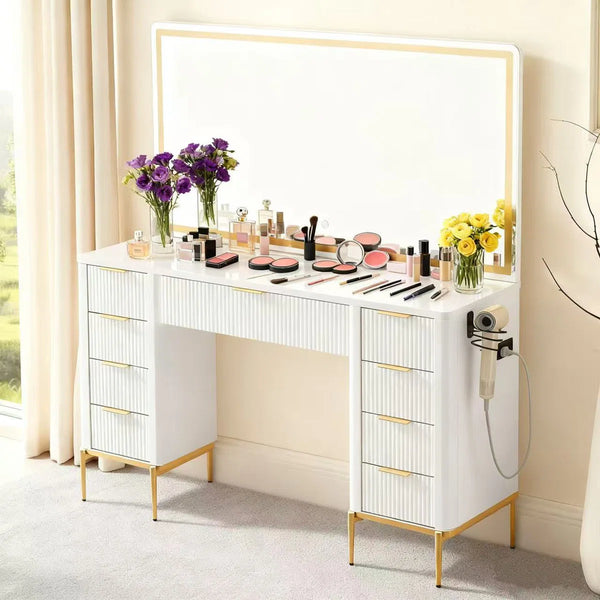 48" Modern Makeup Vanity Desk With Mirror And Lights, Makeup Vanity With 9 Drawers With Power Outlet,adjustable Lighting Dressing Table For Bedroom  Wooden Bazar