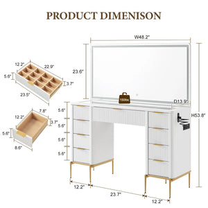 48" Modern Makeup Vanity Desk With Mirror And Lights, Makeup Vanity With 9 Drawers With Power Outlet,adjustable Lighting Dressing Table For Bedroom  Wooden Bazar