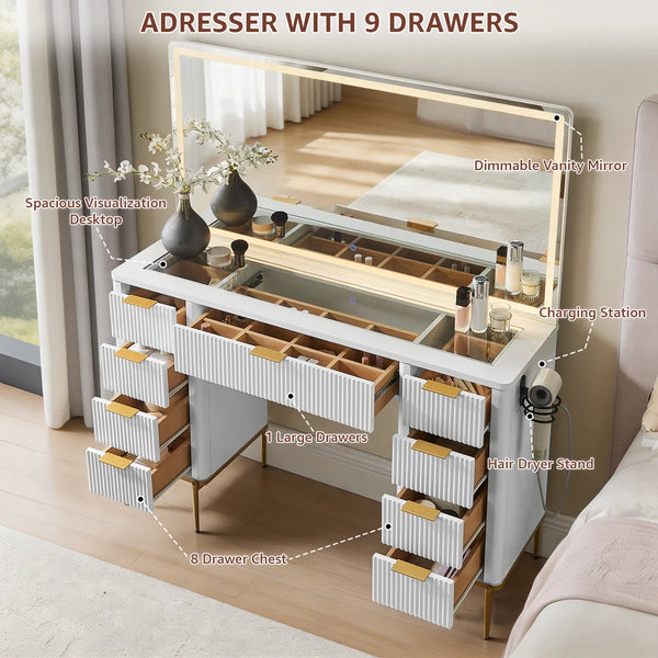 48" Modern Makeup Vanity Desk With Mirror And Lights, Makeup Vanity With 9 Drawers With Power Outlet,adjustable Lighting Dressing Table For Bedroom  Wooden Bazar