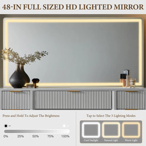 48" Modern Makeup Vanity Desk With Mirror And Lights, Makeup Vanity With 9 Drawers With Power Outlet,adjustable Lighting Dressing Table For Bedroom  Wooden Bazar