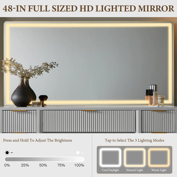 48" Modern Makeup Vanity Desk With Mirror And Lights, Makeup Vanity With 9 Drawers With Power Outlet,adjustable Lighting Dressing Table For Bedroom  Wooden Bazar