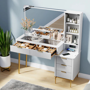 48" Vanity Desk With Hd Lighted Mirror & Glass Top  Wooden Bazar