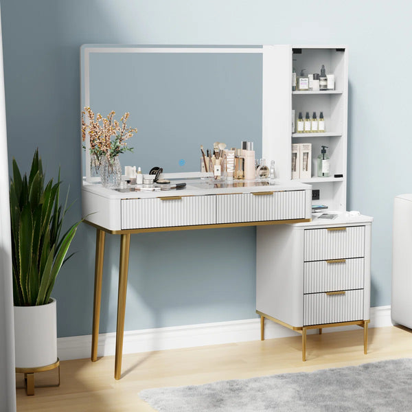 48" Vanity Desk With Hd Lighted Mirror & Glass Top  Wooden Bazar