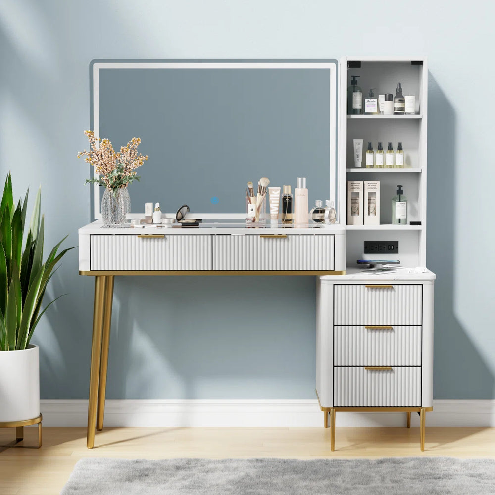 48" Vanity Desk With Hd Lighted Mirror & Glass Top  Wooden Bazar