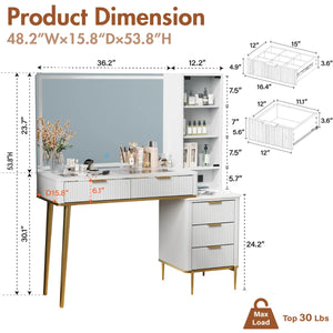 48" Vanity Desk With Hd Lighted Mirror & Glass Top  Wooden Bazar