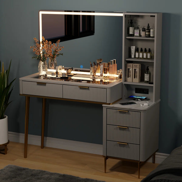 48" Vanity Desk With Hd Lighted Mirror & Glass Top  Wooden Bazar