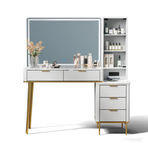 48" Vanity Desk With Hd Lighted Mirror & Glass Top  Wooden Bazar