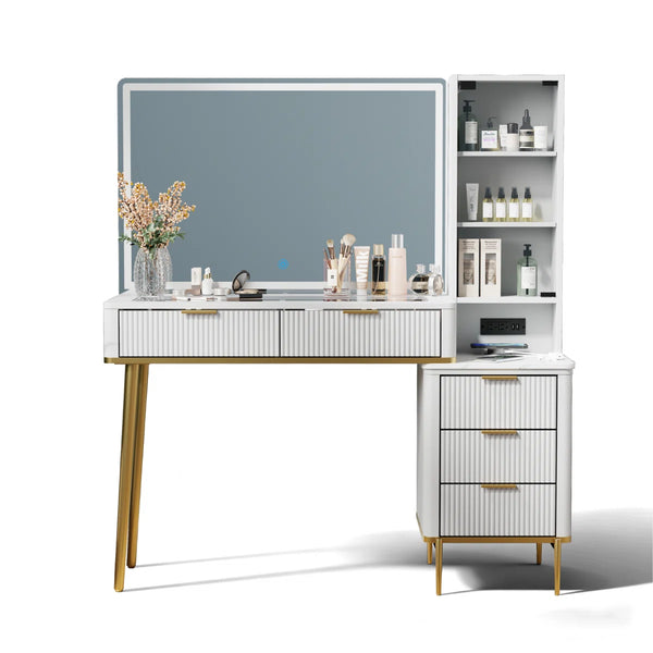 48" Vanity Desk With Hd Lighted Mirror & Glass Top  Wooden Bazar