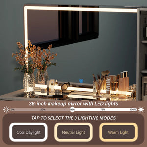 48" Vanity Desk With Hd Lighted Mirror & Glass Top  Wooden Bazar