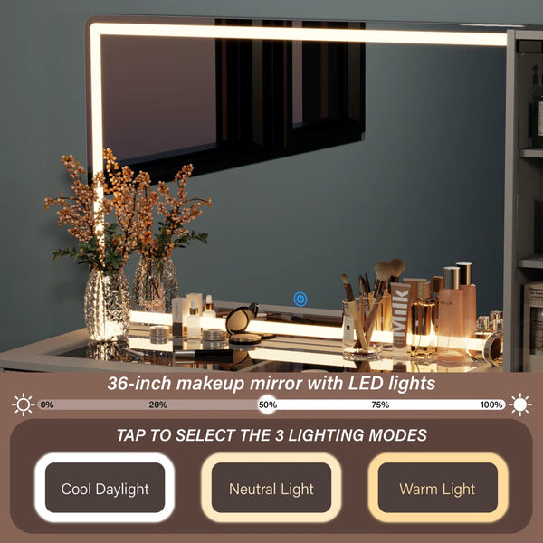 48" Vanity Desk With Hd Lighted Mirror & Glass Top  Wooden Bazar