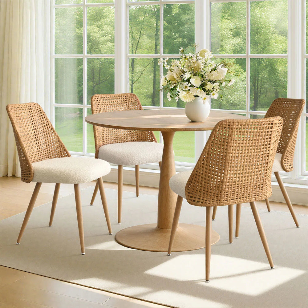 4 Seater Dining Table Sets With Round Table & 4 Upholstered Boucle Chairs