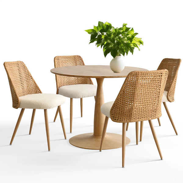 4 Seater Dining Table Sets With Round Table & 4 Upholstered Boucle Chairs