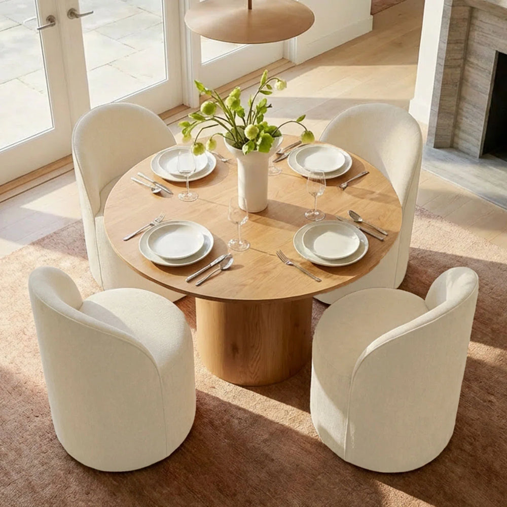 Jovick 4 Seater Dining Table Sets With Round Table & 4 Upholstered Fabric Chairs - Wooden bazar