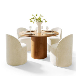 Jovick 4 Seater Dining Table Sets With Round Table & 4 Upholstered Fabric Chairs - Wooden bazar