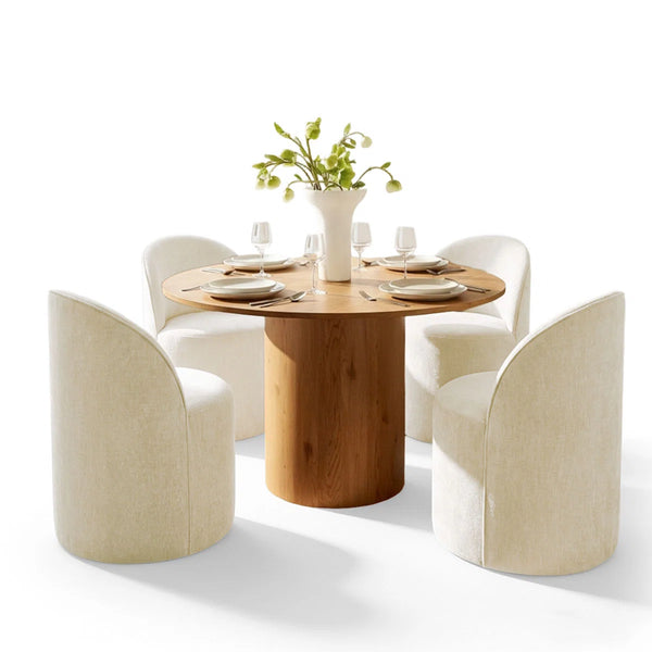 Jovick 4 Seater Dining Table Sets With Round Table & 4 Upholstered Fabric Chairs - Wooden bazar