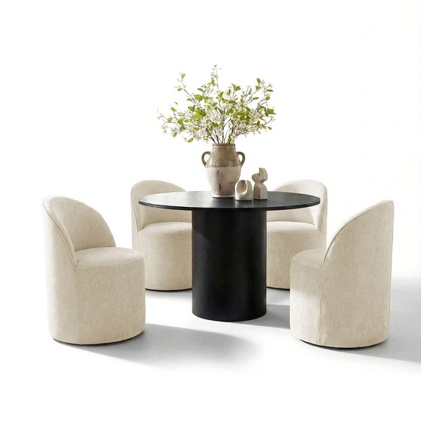 Jovick 4 Seater Dining Table Sets With Round Table & 4 Upholstered Fabric Chairs - Wooden bazar