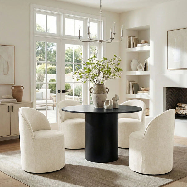 Jovick 4 Seater Dining Table Sets With Round Table & 4 Upholstered Fabric Chairs - Wooden bazar