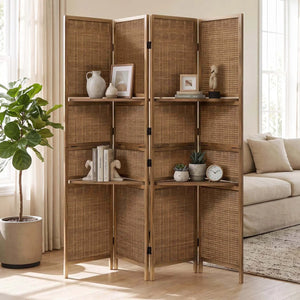 Panel Folding Rattan Room Divider, Freestanding Woven Wood Privacy Screen with Display Shelves   Wooden Bazar