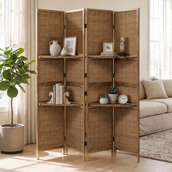 Panel Folding Rattan Room Divider, Freestanding Woven Wood Privacy Screen with Display Shelves   Wooden Bazar
