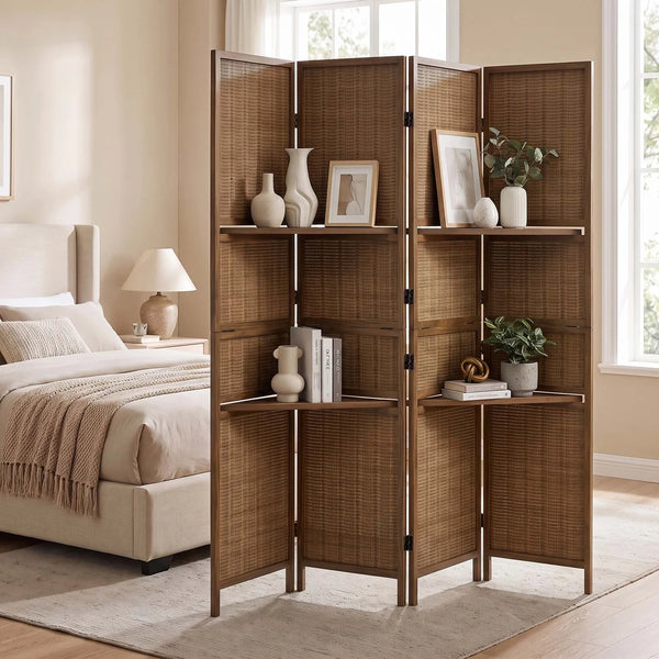 Panel Folding Rattan Room Divider, Freestanding Woven Wood Privacy Screen with Display Shelves   Wooden Bazar