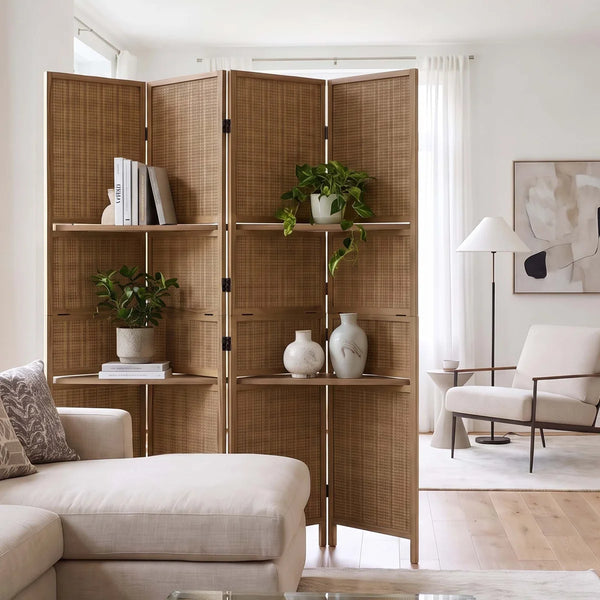 Panel Folding Rattan Room Divider, Freestanding Woven Wood Privacy Screen with Display Shelves   Wooden Bazar