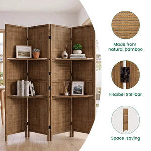 Panel Folding Rattan Room Divider, Freestanding Woven Wood Privacy Screen with Display Shelves   Wooden Bazar