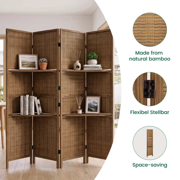 Panel Folding Rattan Room Divider, Freestanding Woven Wood Privacy Screen with Display Shelves   Wooden Bazar