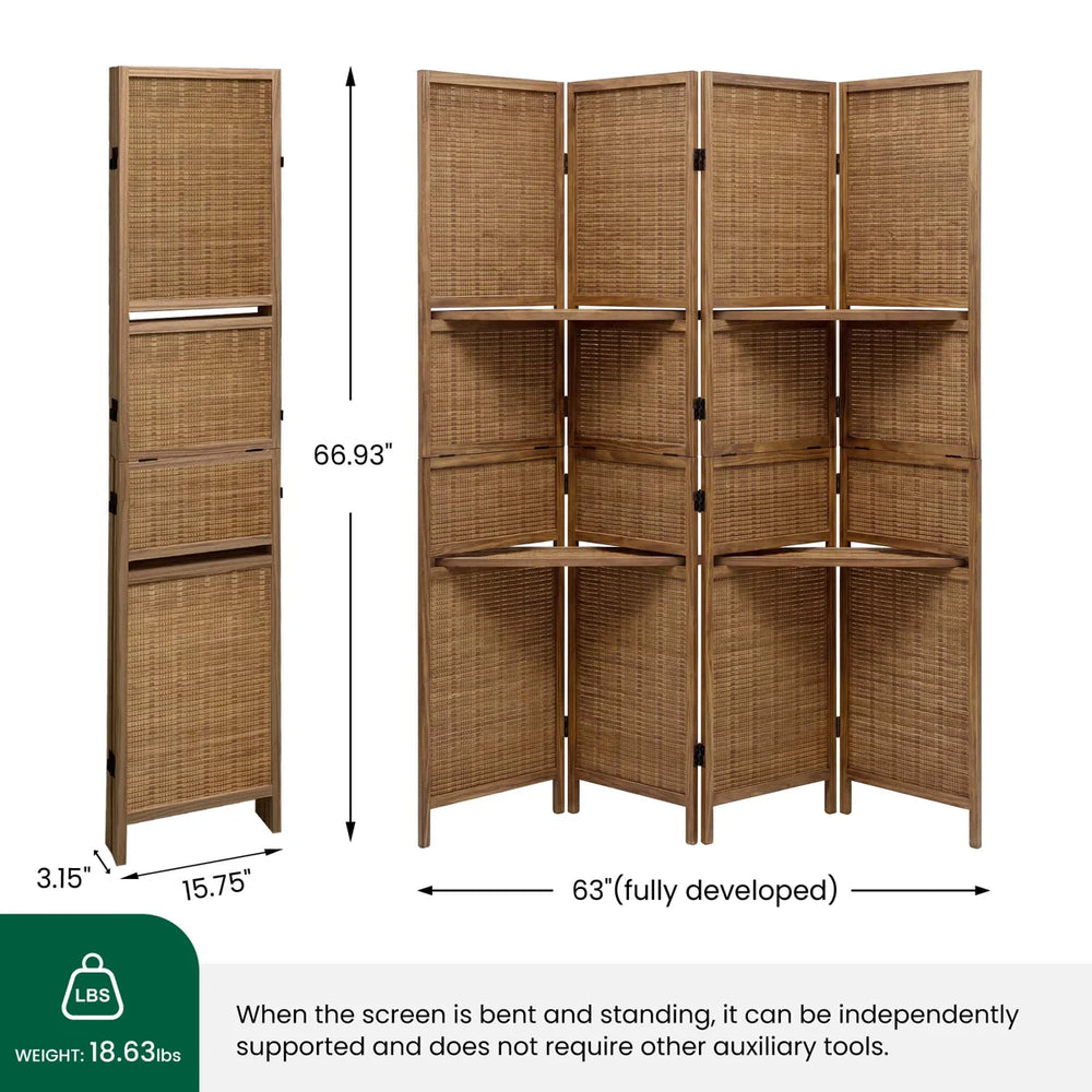 Panel Folding Rattan Room Divider, Freestanding Woven Wood Privacy Screen with Display Shelves   Wooden Bazar