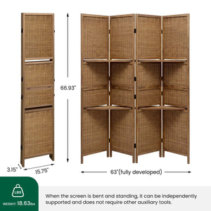 Panel Folding Rattan Room Divider, Freestanding Woven Wood Privacy Screen with Display Shelves   Wooden Bazar