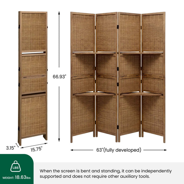 Panel Folding Rattan Room Divider, Freestanding Woven Wood Privacy Screen with Display Shelves   Wooden Bazar