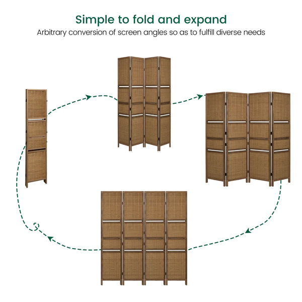 Panel Folding Rattan Room Divider, Freestanding Woven Wood Privacy Screen with Display Shelves   Wooden Bazar