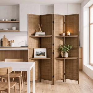 Panel Folding Rattan Room Divider, Freestanding Woven Wood Privacy Screen with Display Shelves   Wooden Bazar