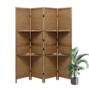 Panel Folding Rattan Room Divider, Freestanding Woven Wood Privacy Screen with Display Shelves   Wooden Bazar