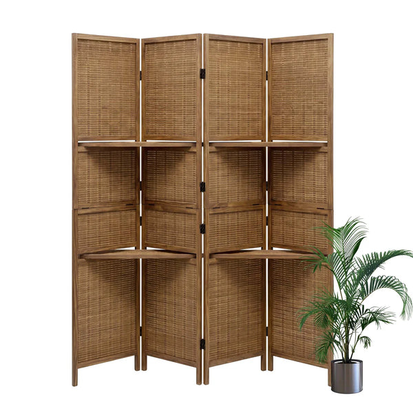 Panel Folding Rattan Room Divider, Freestanding Woven Wood Privacy Screen with Display Shelves   Wooden Bazar