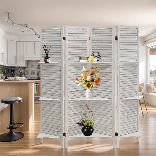 Wood Folding Room Divider with Shelves and Privacy Panels  Wooden Bazar