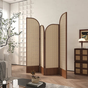 Beige and Brown Rattan Folding Room Divider with Solid Wood Panels  Wooden Bazar