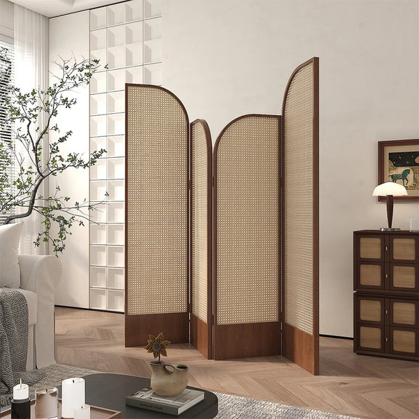Beige and Brown Rattan Folding Room Divider with Solid Wood Panels  Wooden Bazar