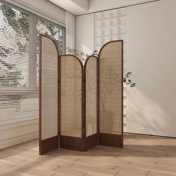 Beige and Brown Rattan Folding Room Divider with Solid Wood Panels  Wooden Bazar