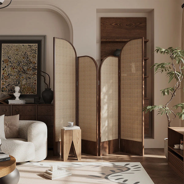 Beige and Brown Rattan Folding Room Divider with Solid Wood Panels  Wooden Bazar