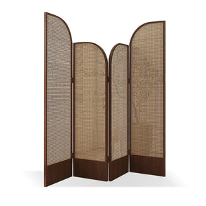 Beige and Brown Rattan Folding Room Divider with Solid Wood Panels  Wooden Bazar
