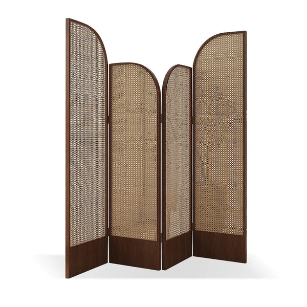 Beige and Brown Rattan Folding Room Divider with Solid Wood Panels  Wooden Bazar