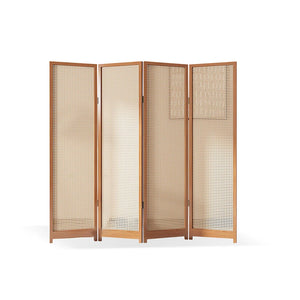 Panel Beige Rattan and Burlywood Solid Wood Folding Room Divider    Wooden Bazar
