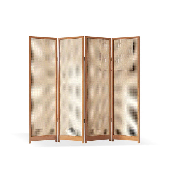 Panel Beige Rattan and Burlywood Solid Wood Folding Room Divider    Wooden Bazar