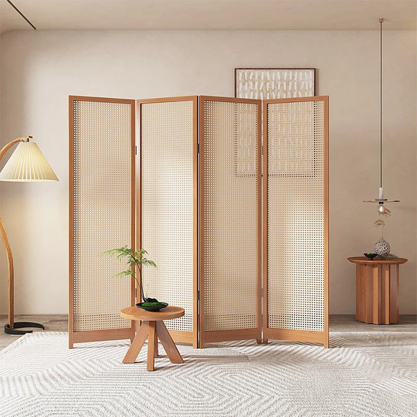 Panel Beige Rattan and Burlywood Solid Wood Folding Room Divider    Wooden Bazar