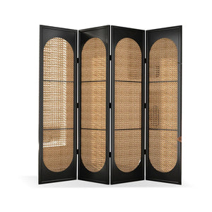 **4-Panel Black Solid Wood & Rattan Folding Room Divider**  Wooden Bazar