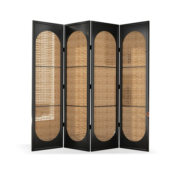 **4-Panel Black Solid Wood & Rattan Folding Room Divider**  Wooden Bazar